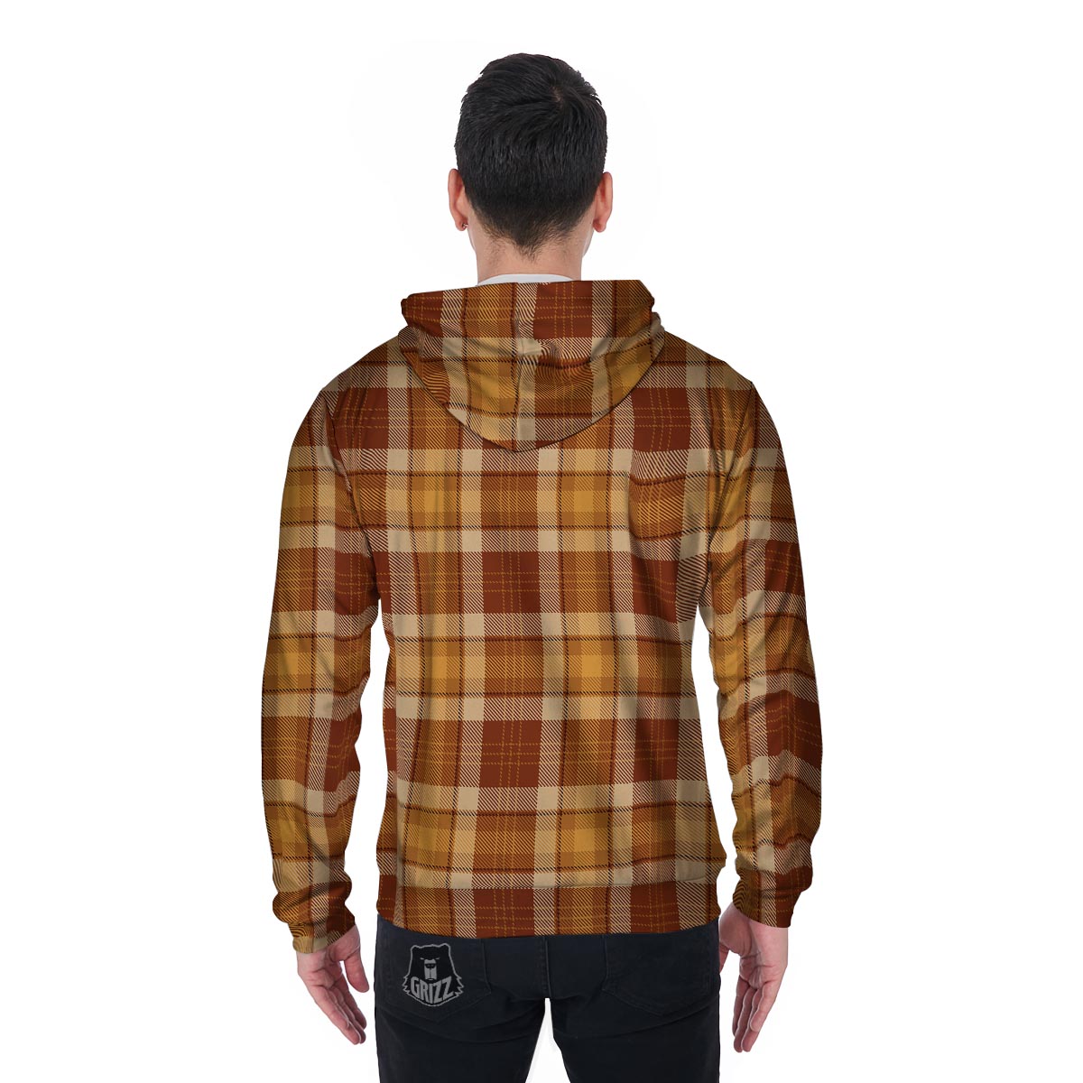 Orange Plaid Tartan Print Men's Zip Up Hoodie-grizzshop
