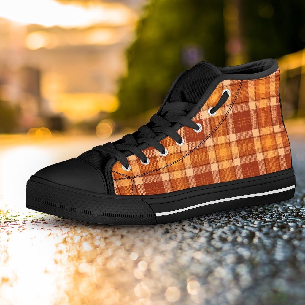 Orange Plaid Tartan Print Women's High Top Shoes-grizzshop