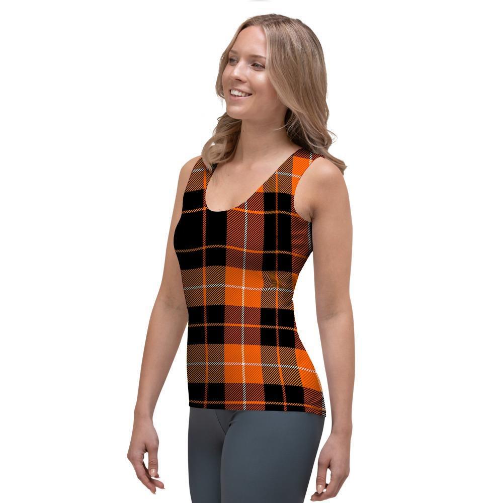 Orange Plaid Tartan Women's Tank Top-grizzshop