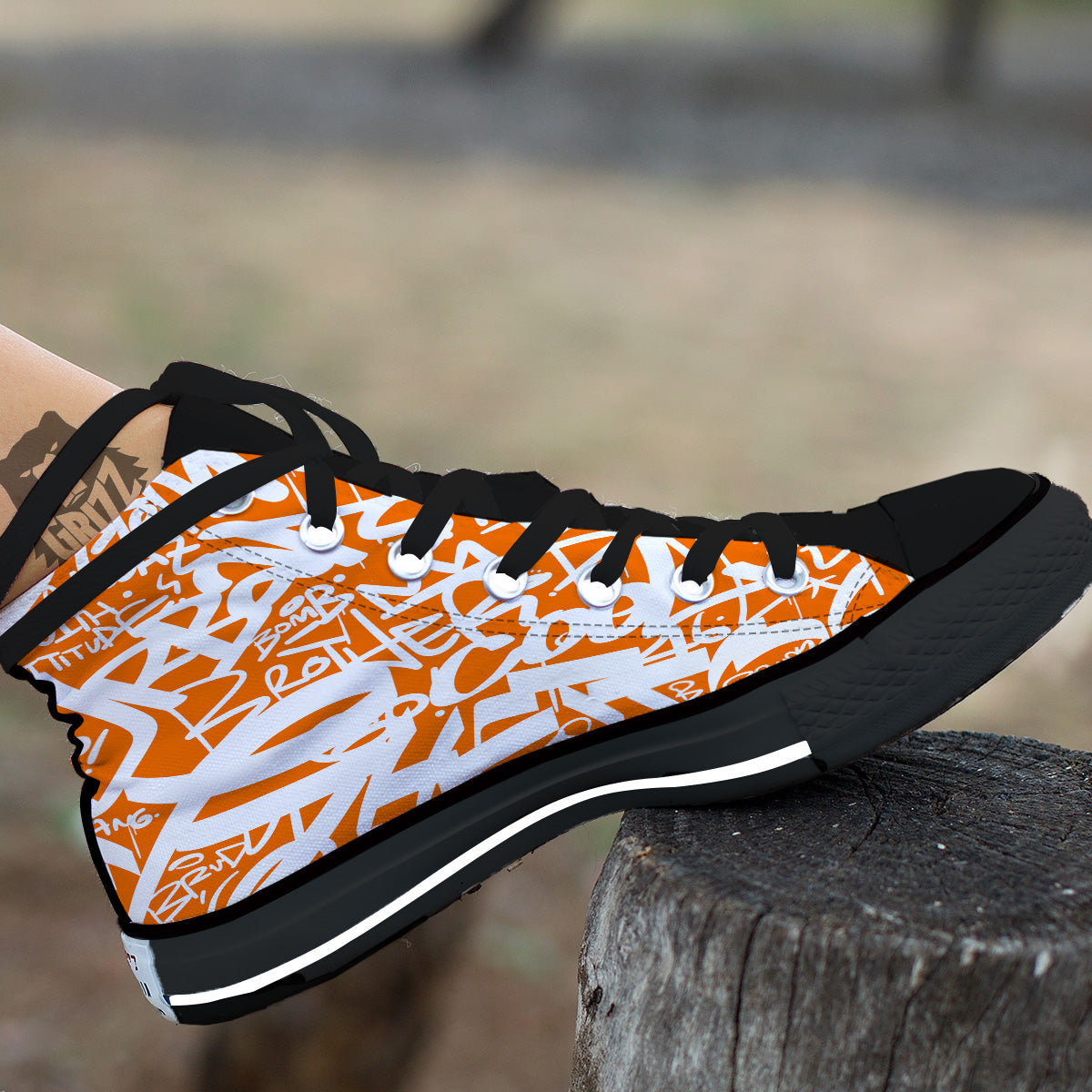 Orange Urban Graffiti Text Print Pattern Black High Top Shoes-grizzshop