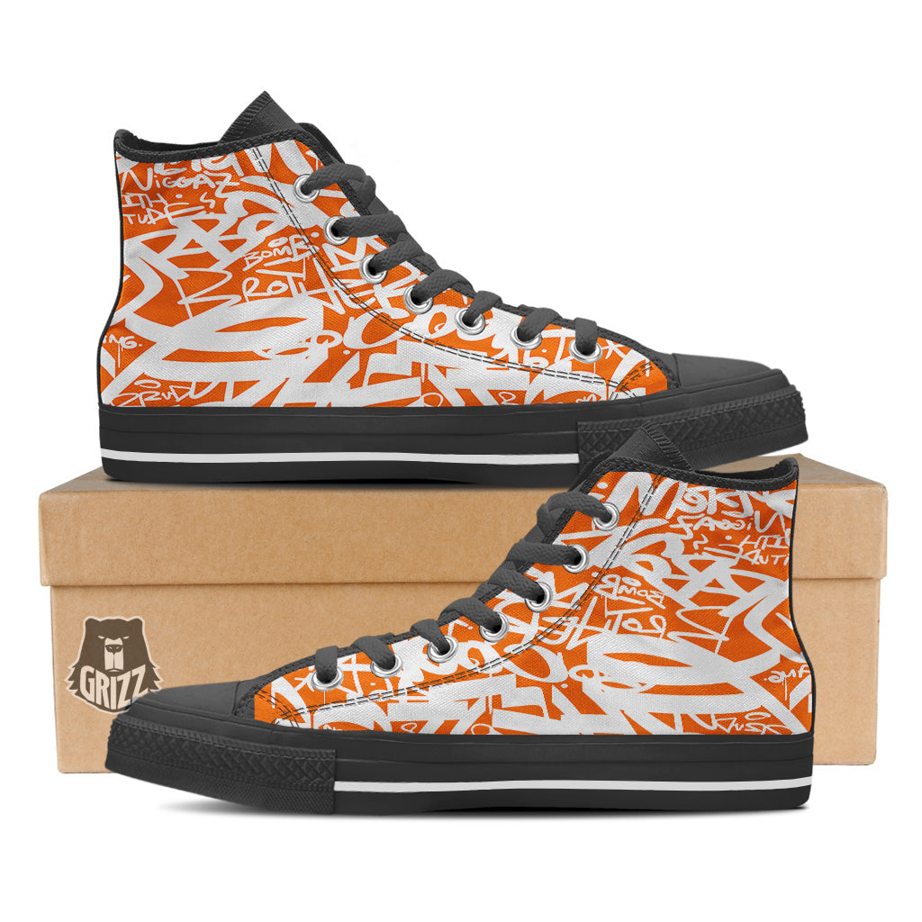 Orange Urban Graffiti Text Print Pattern Black High Top Shoes-grizzshop