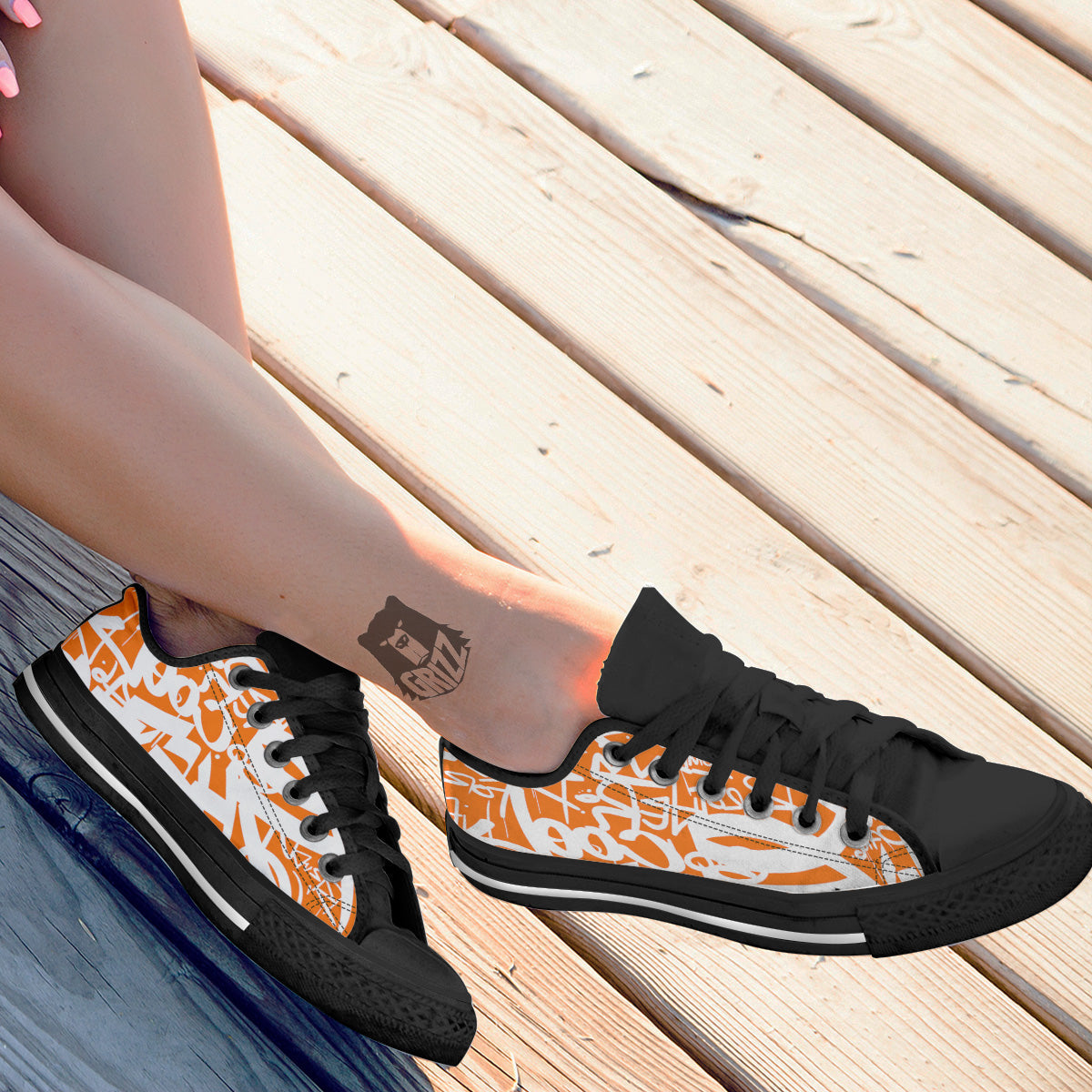 Orange Urban Graffiti Text Print Pattern Black Low Top Shoes-grizzshop