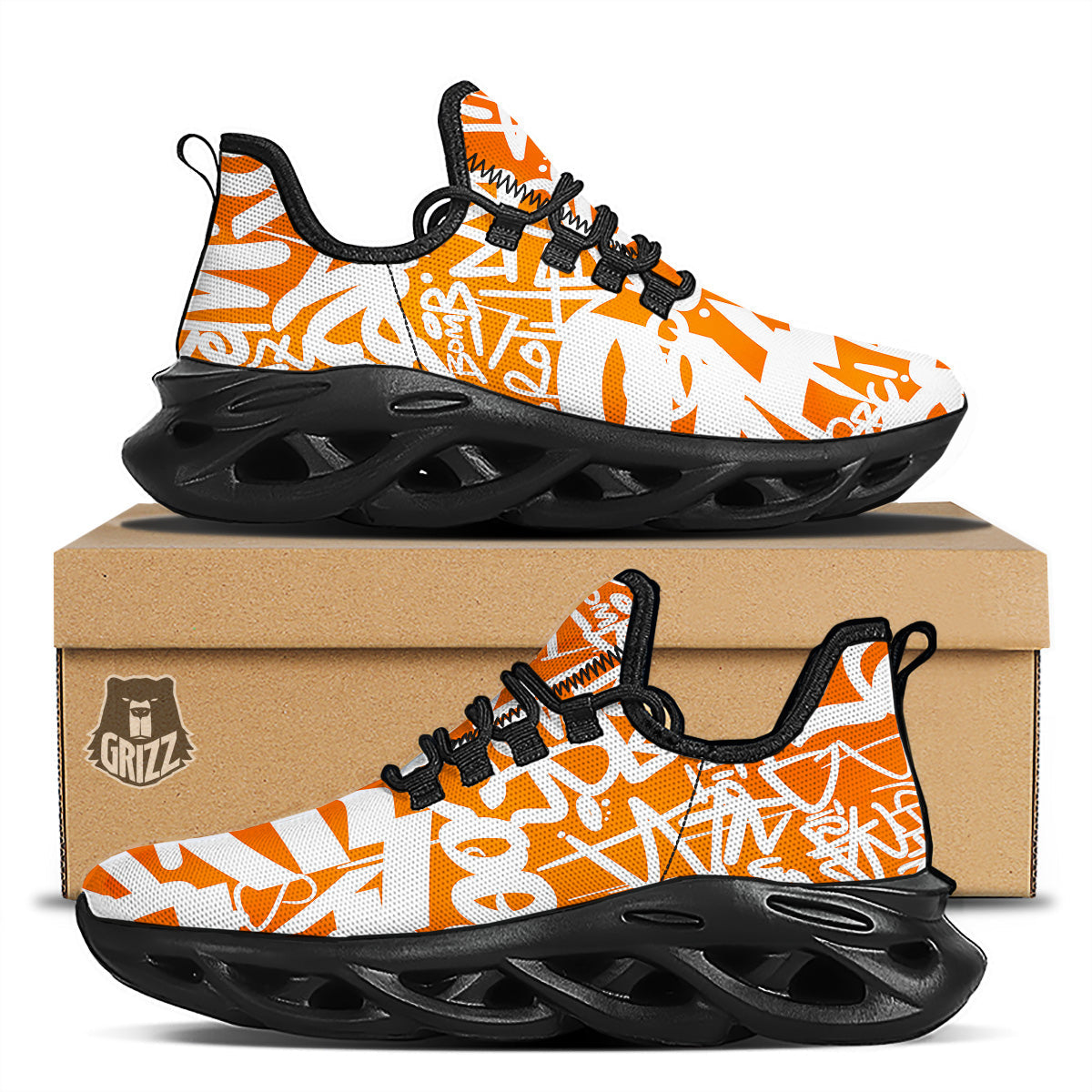 Orange Urban Graffiti Text Print Pattern Black Running Shoes-grizzshop