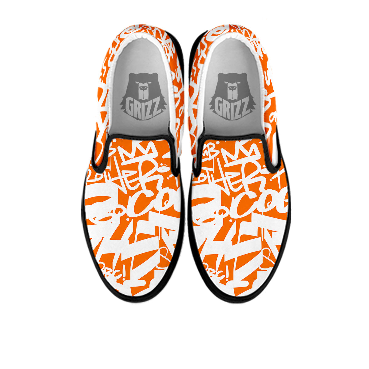 Orange Urban Graffiti Text Print Pattern Black Slip On Shoes-grizzshop