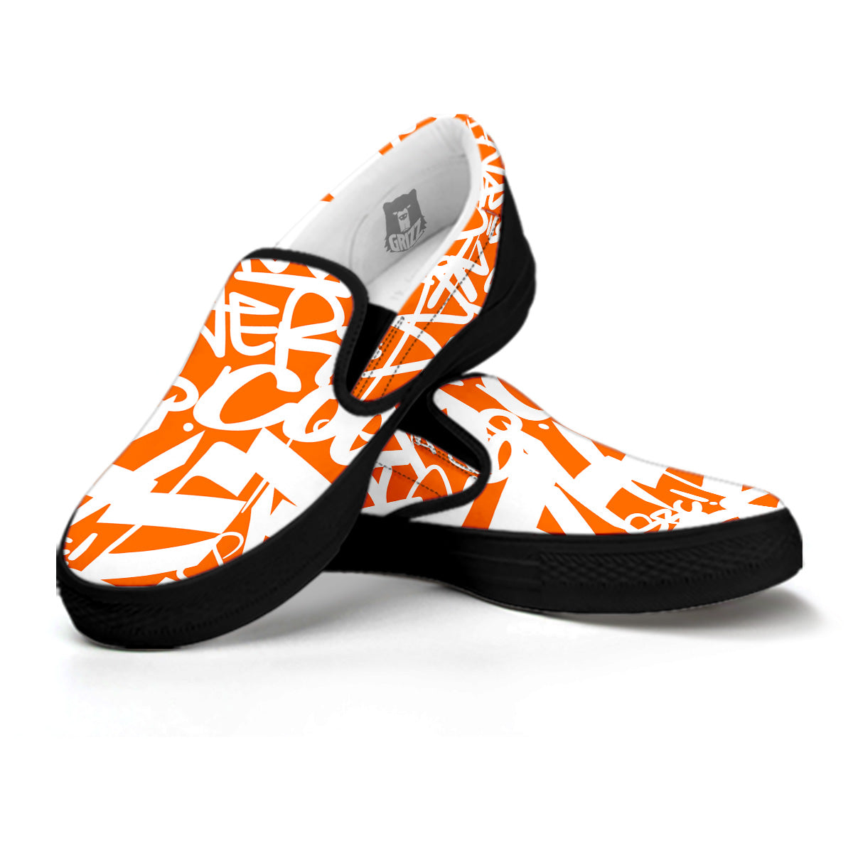 Orange Urban Graffiti Text Print Pattern Black Slip On Shoes-grizzshop