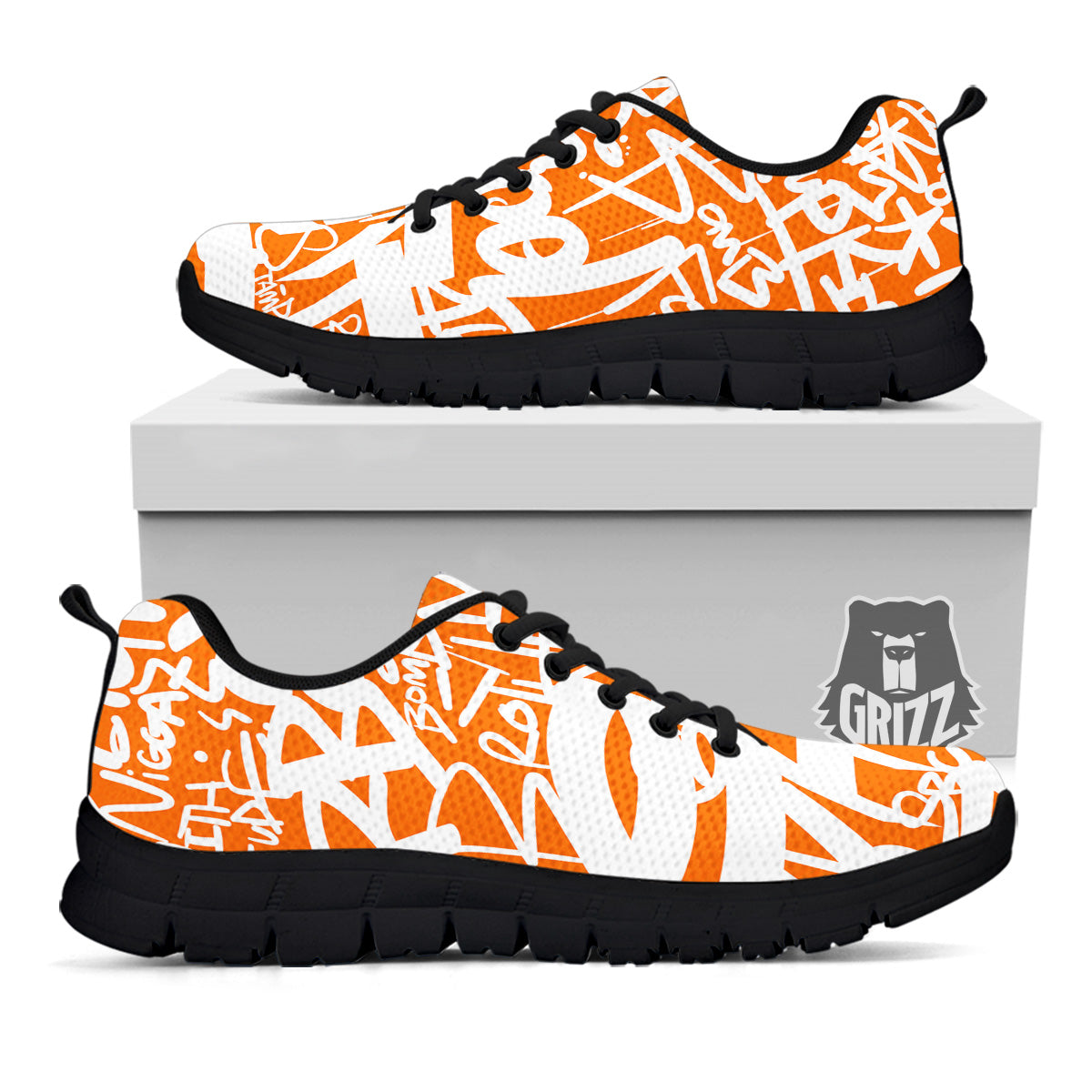 Orange Urban Graffiti Text Print Pattern Black Sneaker-grizzshop