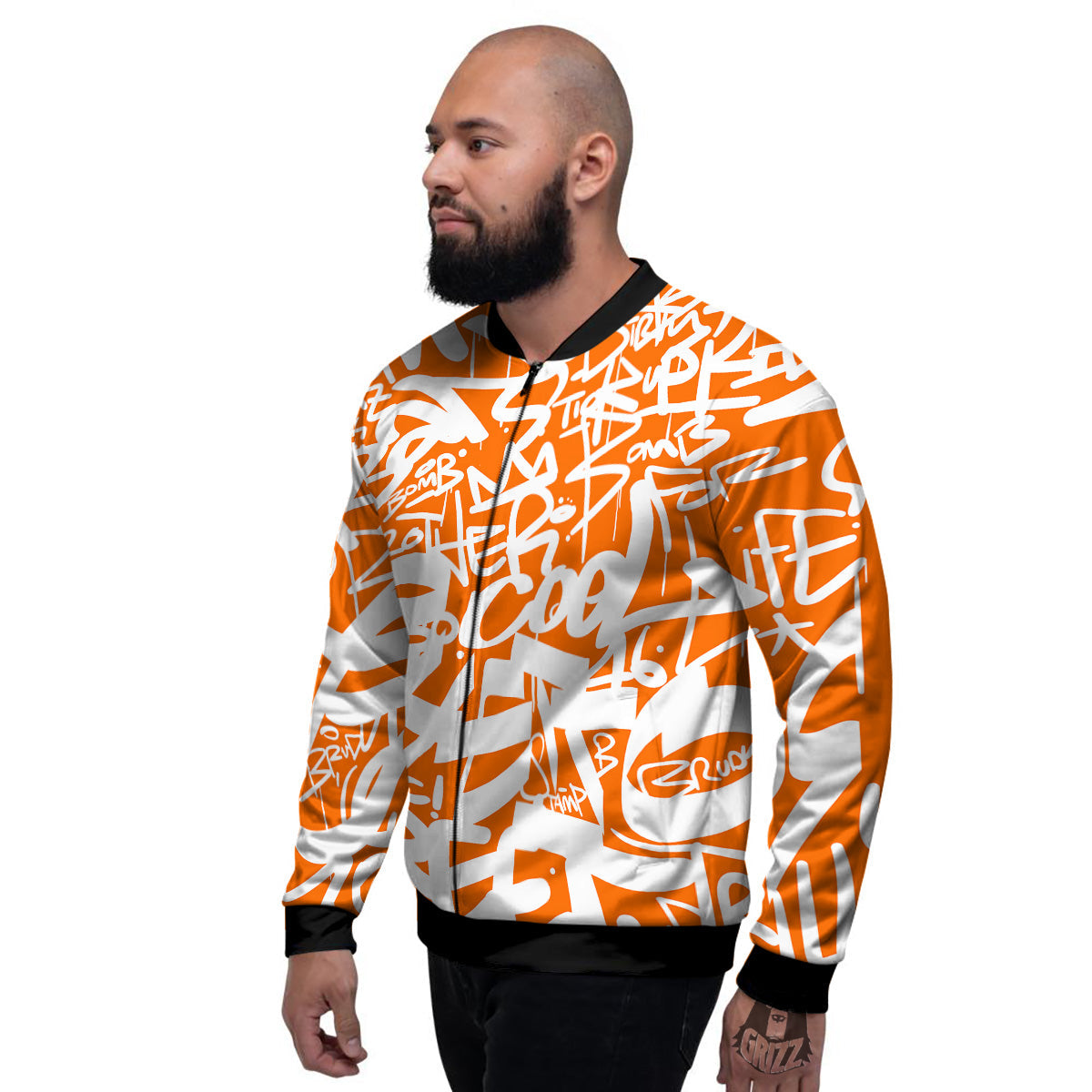 Orange Urban Graffiti Text Print Pattern Men's Bomber Jacket-grizzshop