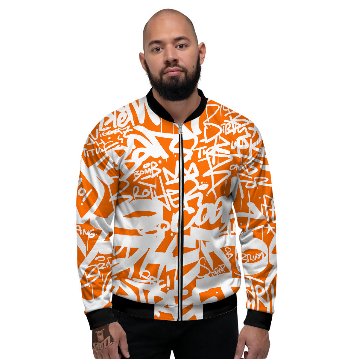 Orange Urban Graffiti Text Print Pattern Men's Bomber Jacket-grizzshop