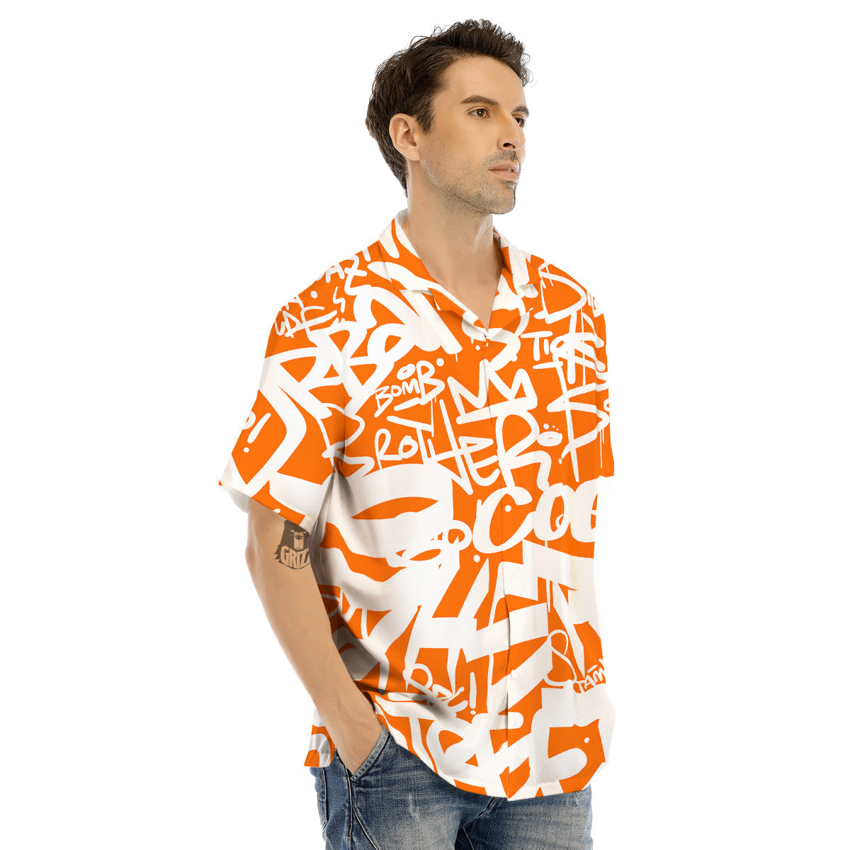 Orange Urban Graffiti Text Print Pattern Men's Hawaiian Shirt-grizzshop