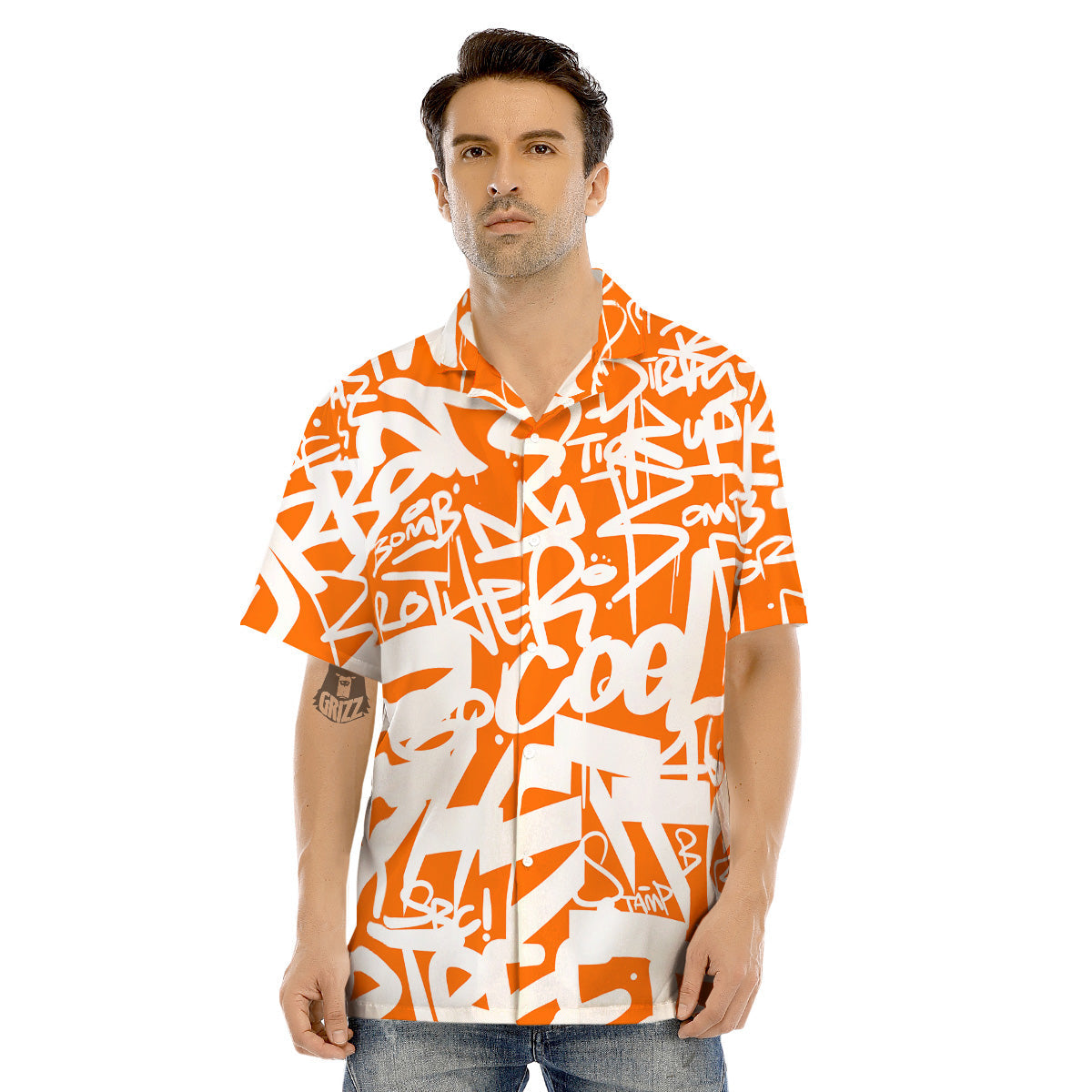 Orange Urban Graffiti Text Print Pattern Men's Hawaiian Shirt-grizzshop
