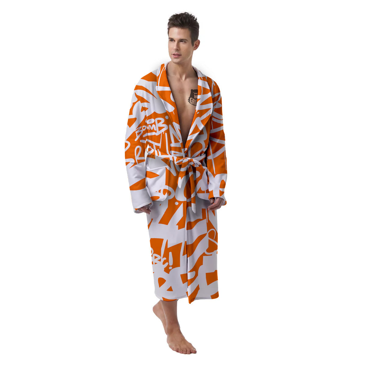 Orange Urban Graffiti Text Print Pattern Men's Robe-grizzshop