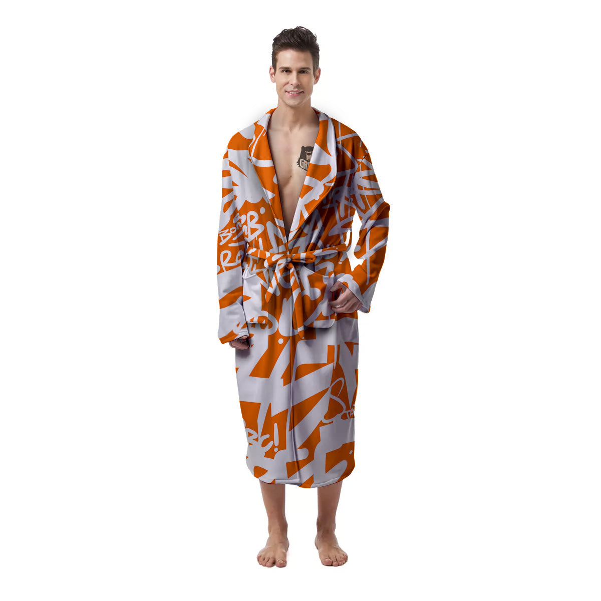 Orange Urban Graffiti Text Print Pattern Men's Robe-grizzshop