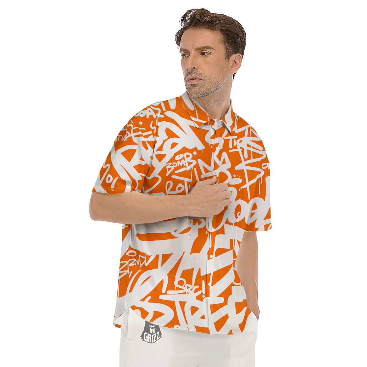 Orange Urban Graffiti Text Print Pattern Men's Short Sleeve Shirts-grizzshop