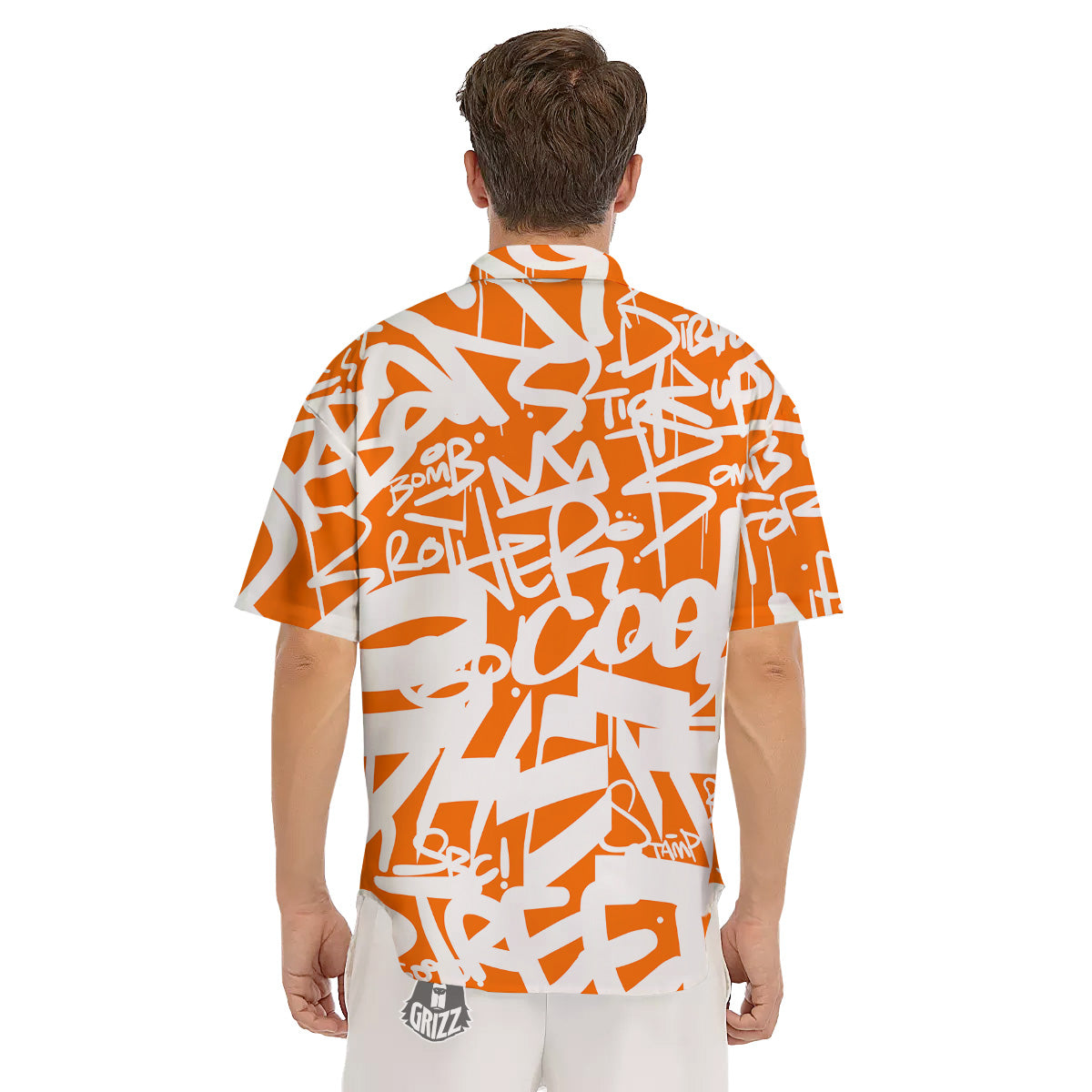 Orange Urban Graffiti Text Print Pattern Men's Short Sleeve Shirts-grizzshop