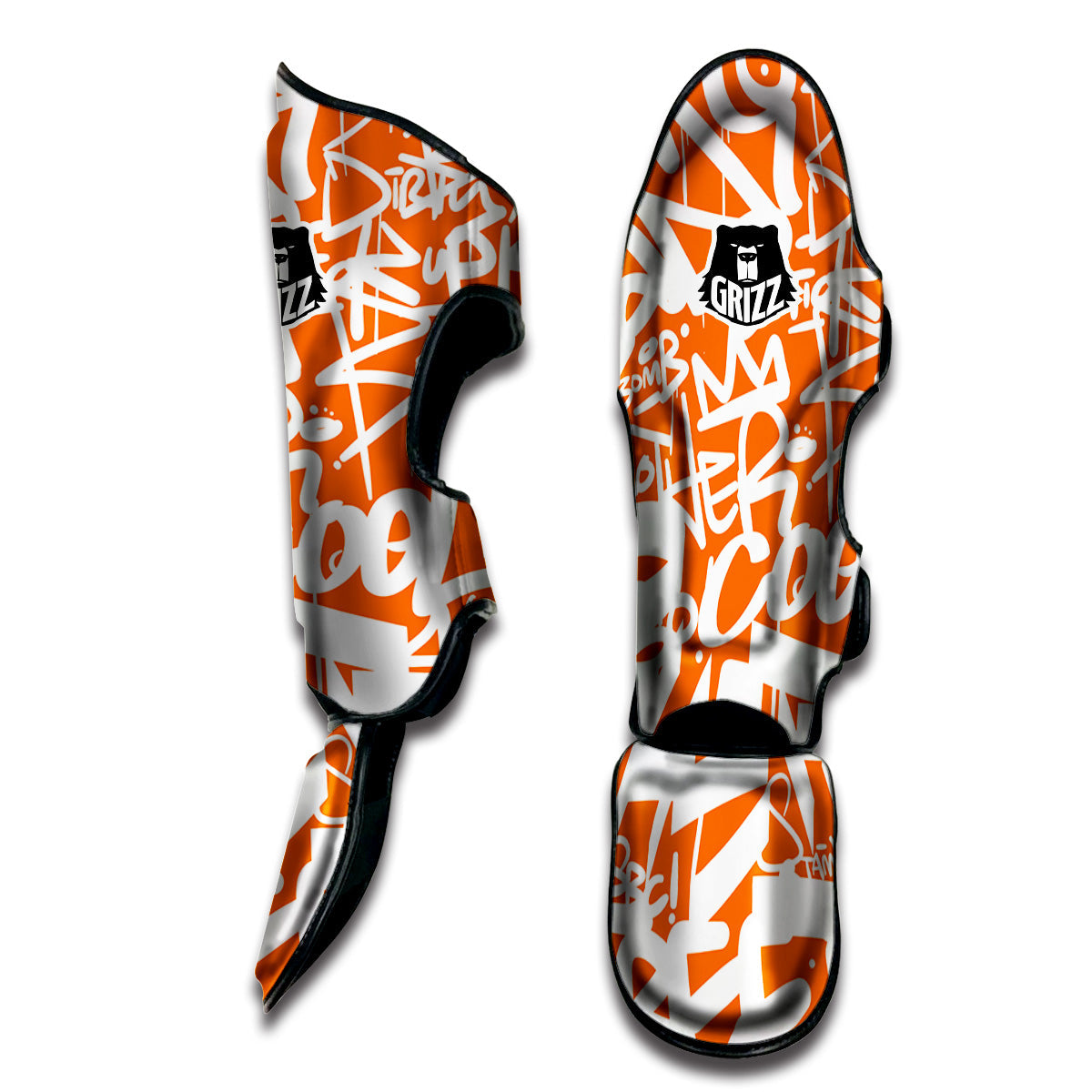 Orange Urban Graffiti Text Print Pattern Muay Thai Shin Guards-grizzshop