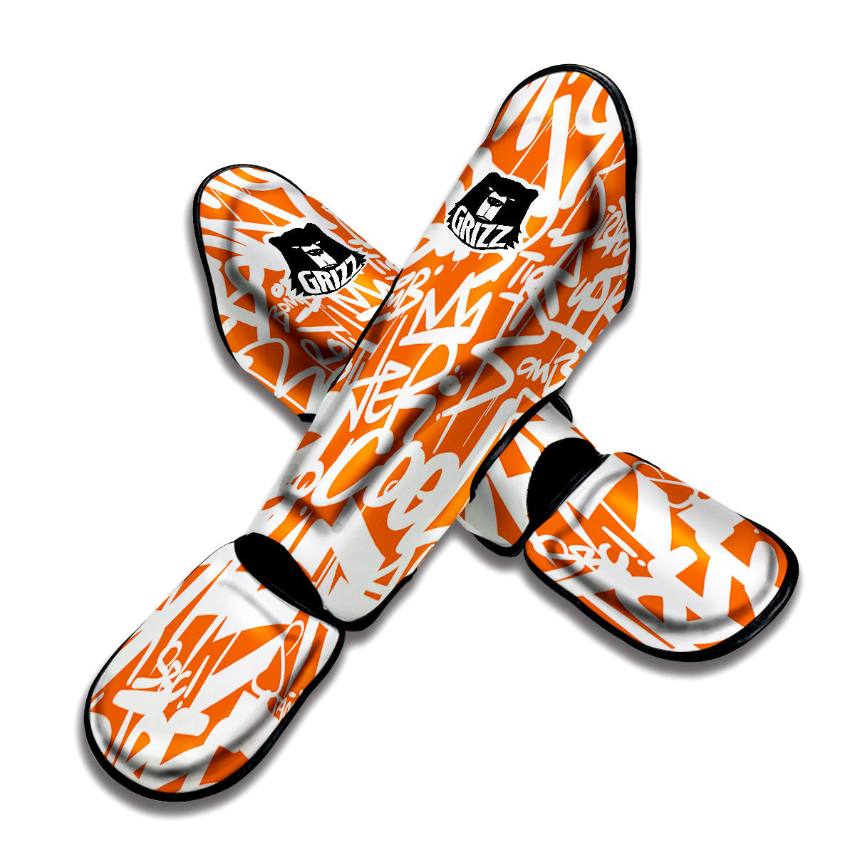 Orange Urban Graffiti Text Print Pattern Muay Thai Shin Guards-grizzshop
