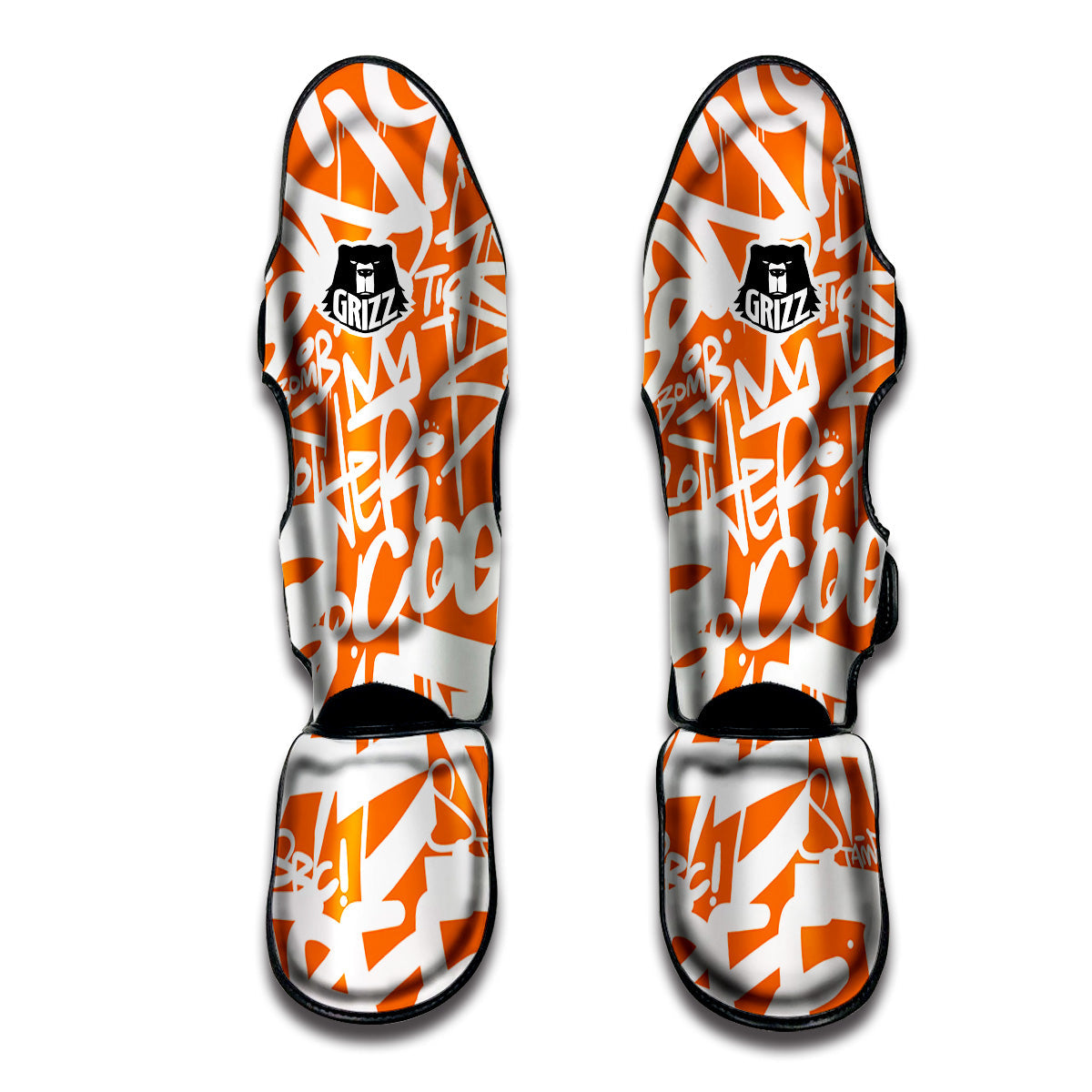 Orange Urban Graffiti Text Print Pattern Muay Thai Shin Guards-grizzshop