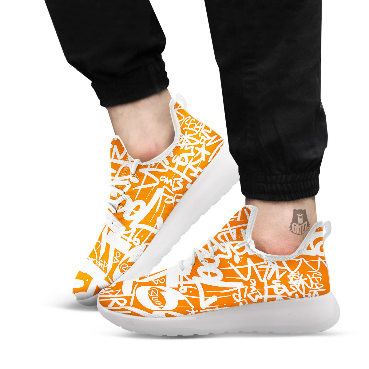 Orange Urban Graffiti Text Print Pattern White Athletic Shoes-grizzshop