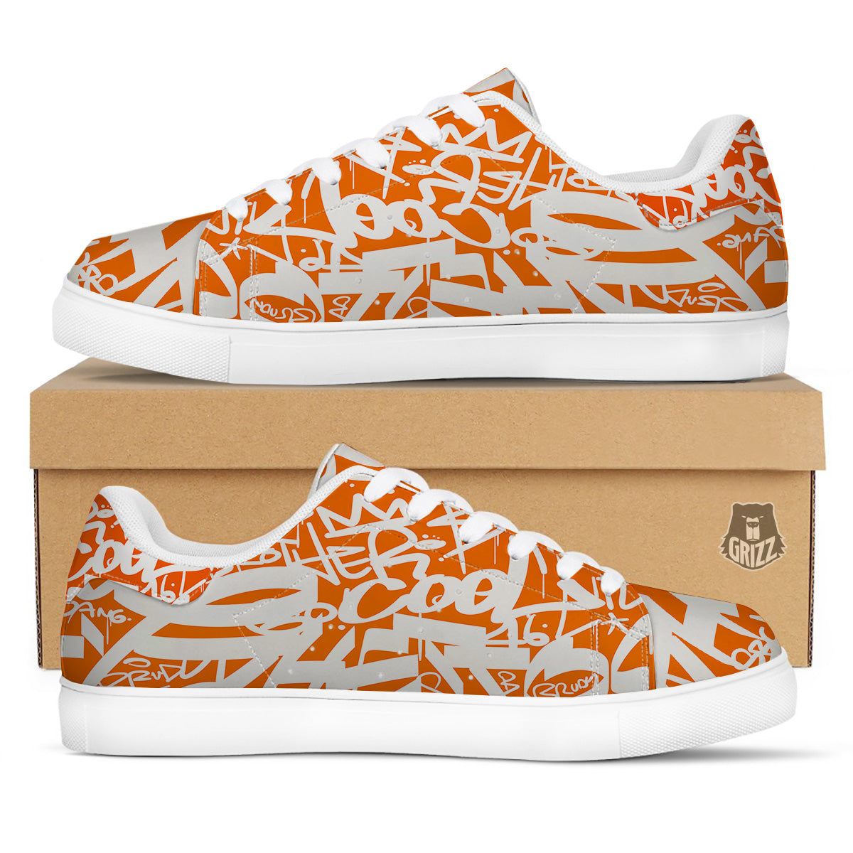 Orange Urban Graffiti Text Print Pattern White Low Top Sneakers-grizzshop