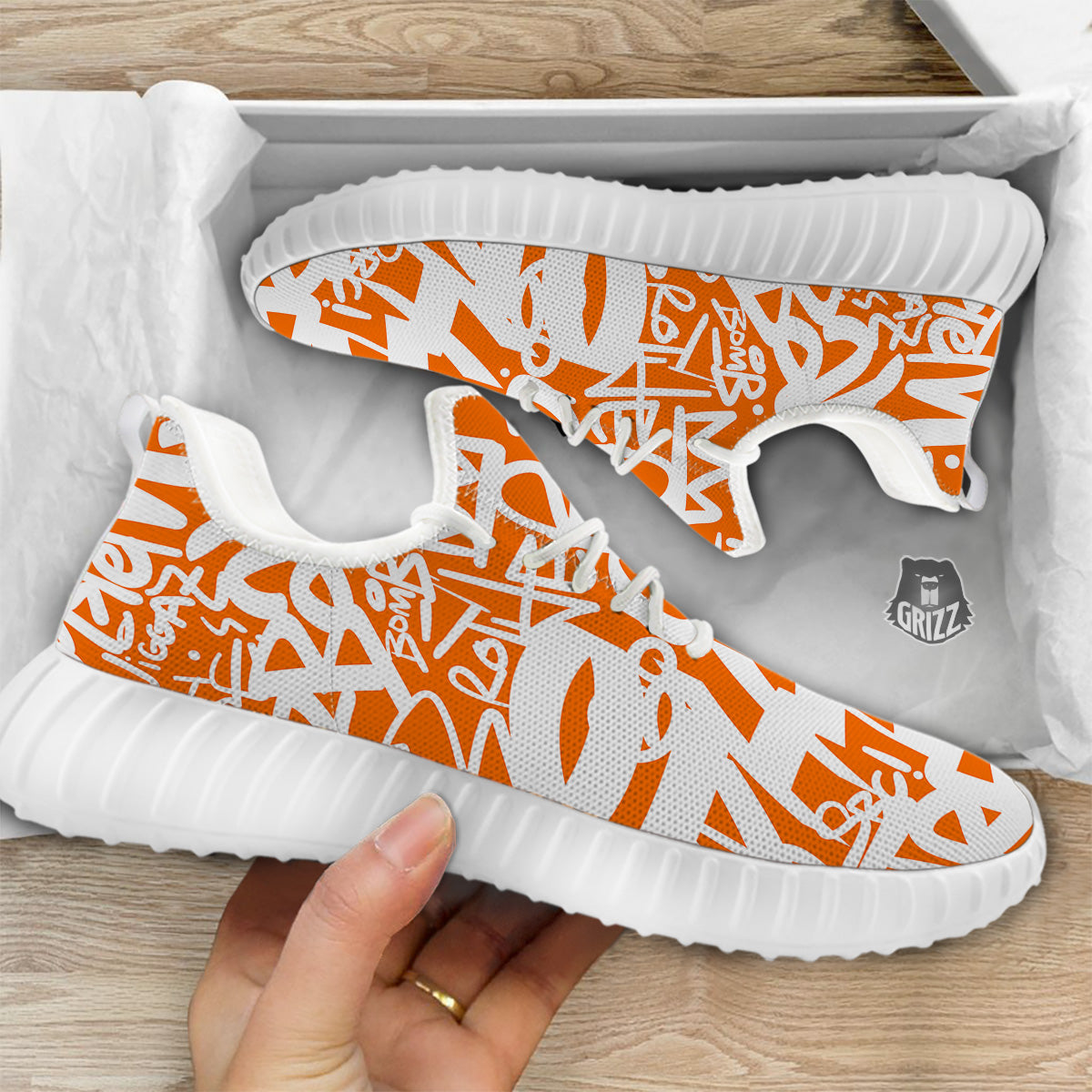 Orange Urban Graffiti Text Print Pattern White Walking Shoes-grizzshop
