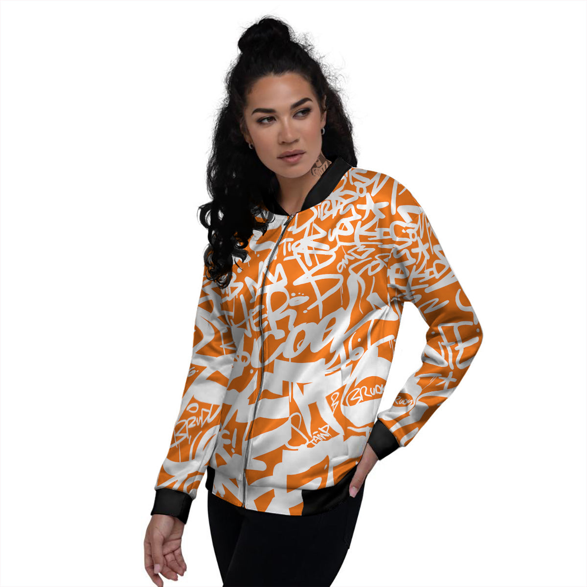 Orange Urban Graffiti Text Print Pattern Women's Bomber Jacket-grizzshop
