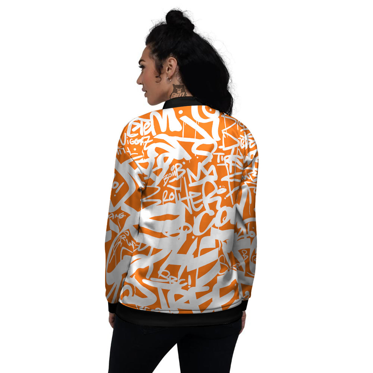 Orange Urban Graffiti Text Print Pattern Women's Bomber Jacket-grizzshop