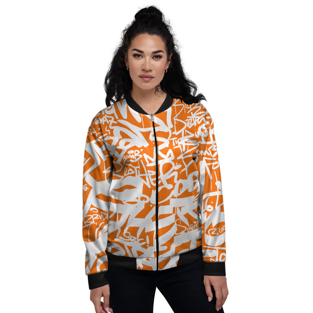 Orange Urban Graffiti Text Print Pattern Women's Bomber Jacket-grizzshop