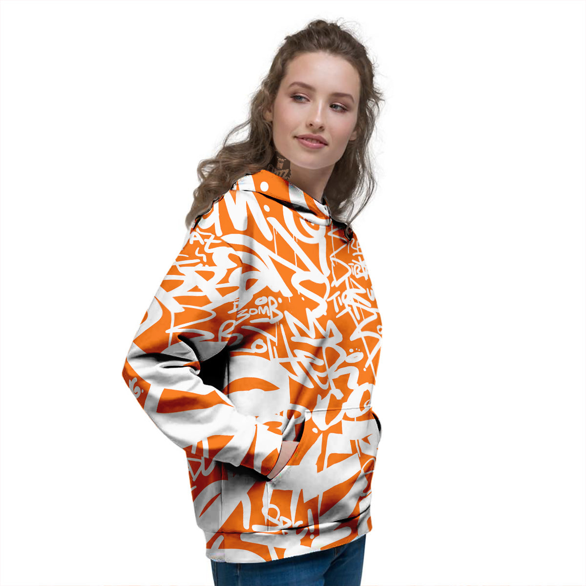 Orange Urban Graffiti Text Print Pattern Women's Hoodie-grizzshop