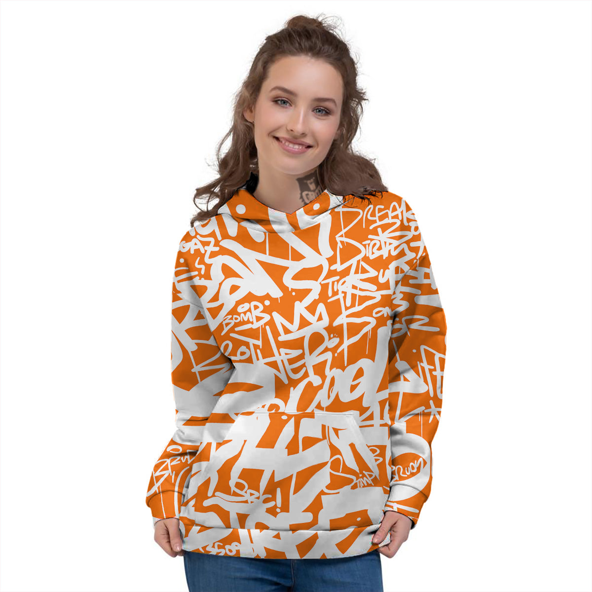 Orange Urban Graffiti Text Print Pattern Women's Hoodie-grizzshop