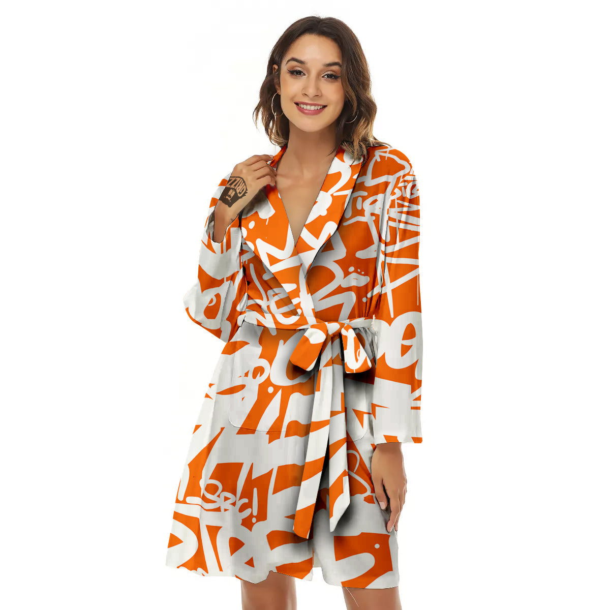 Orange Urban Graffiti Text Print Pattern Women's Robe-grizzshop