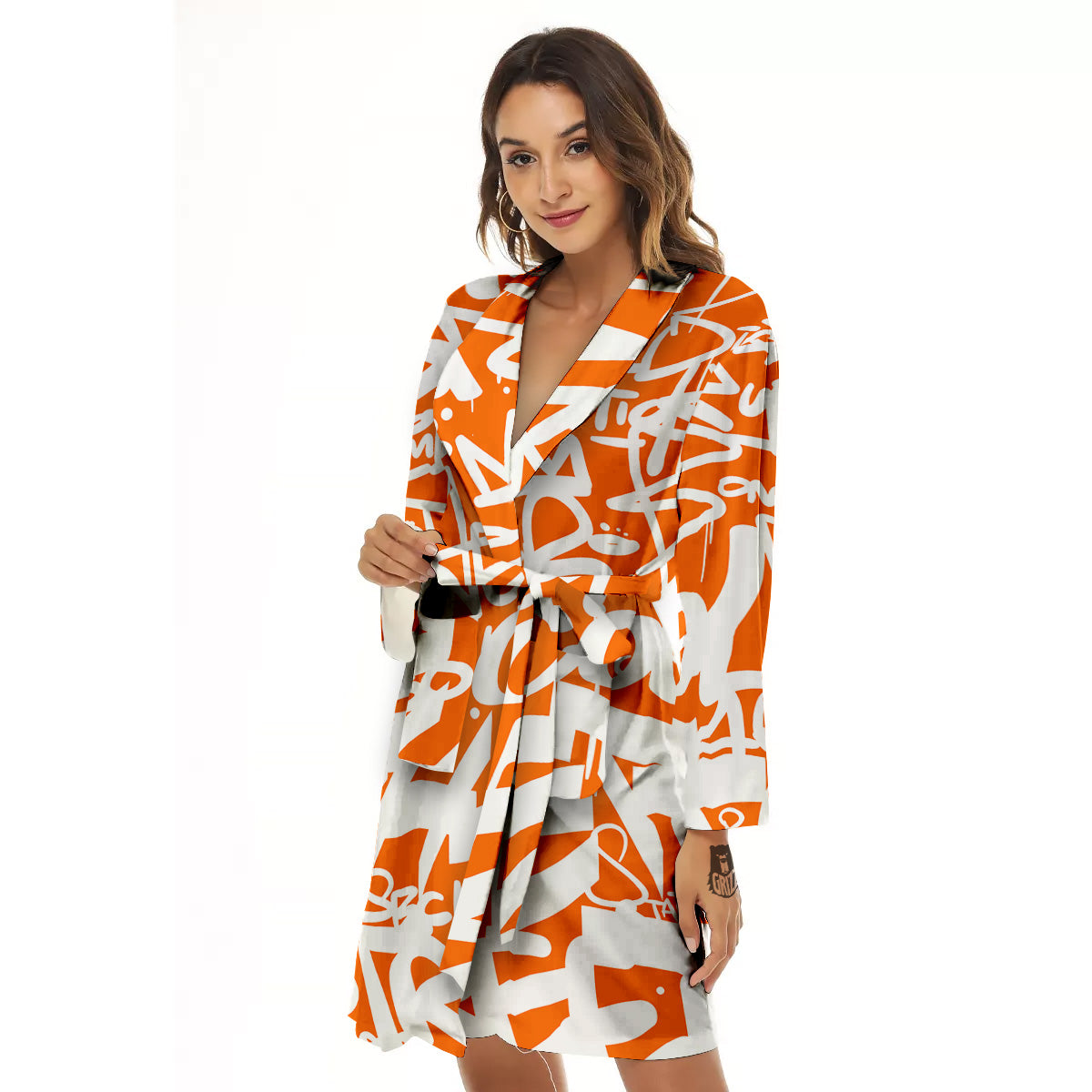Orange Urban Graffiti Text Print Pattern Women's Robe-grizzshop
