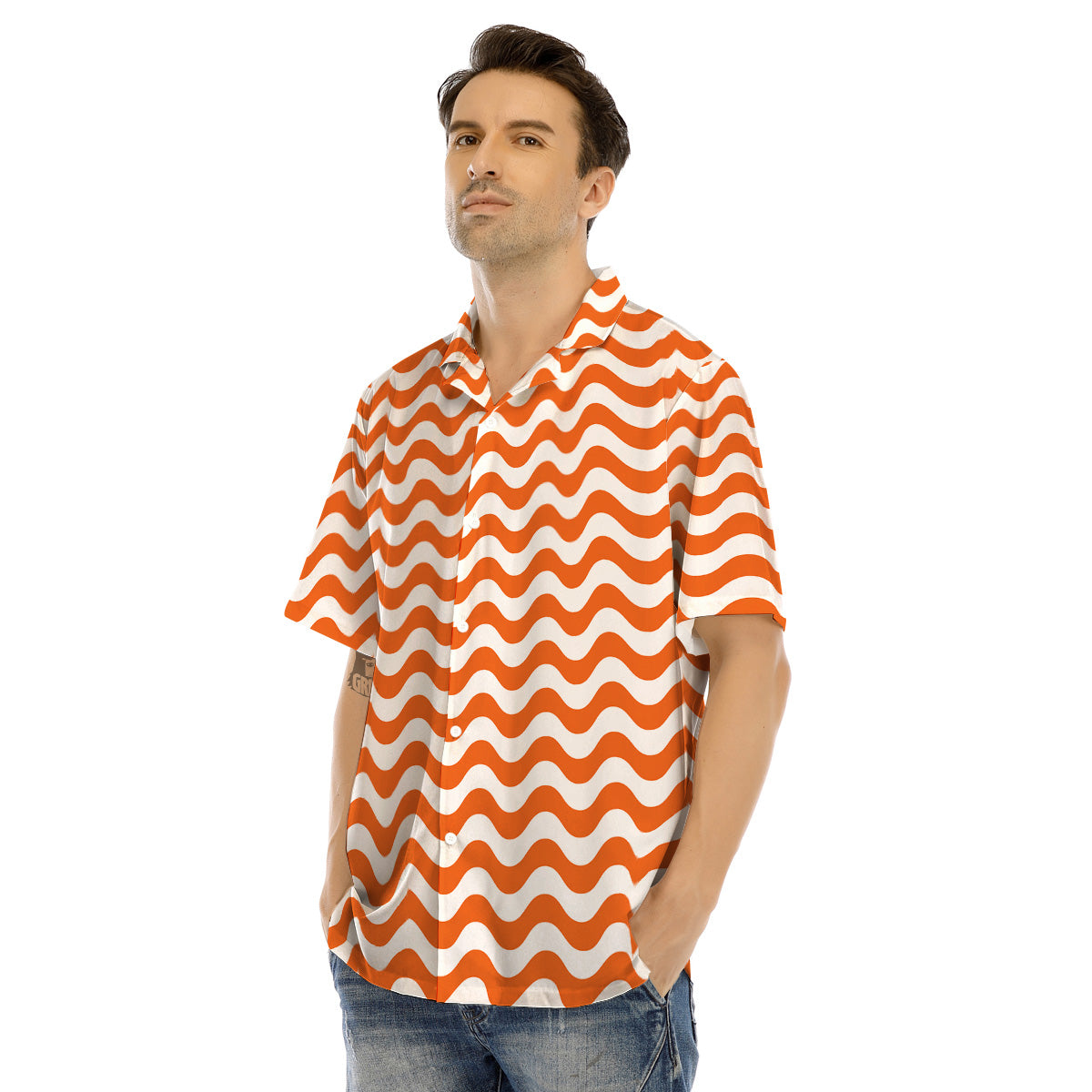 Orange Wave Striped Print Men’s Hawaiian Shirt-grizzshop