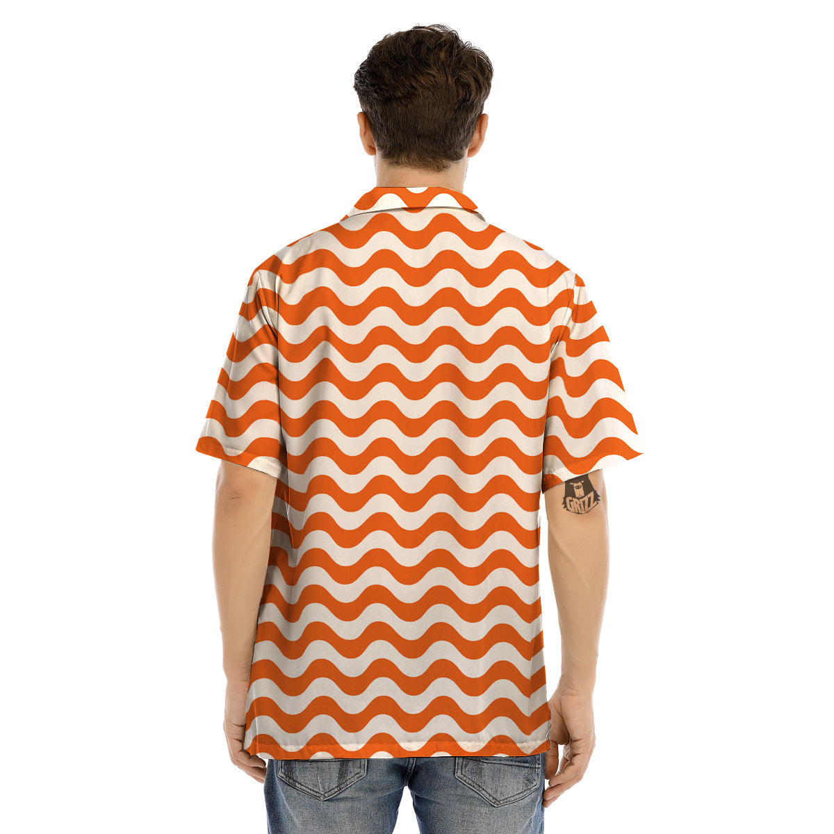 Orange Wave Striped Print Men’s Hawaiian Shirt-grizzshop