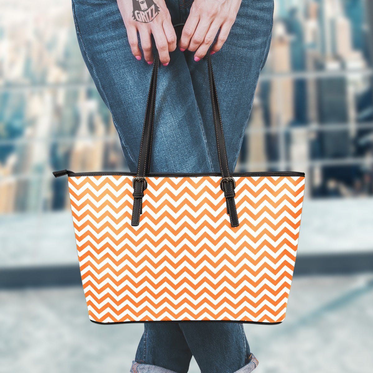Orange Zigzag Print Pattern Leather Tote Bag-grizzshop