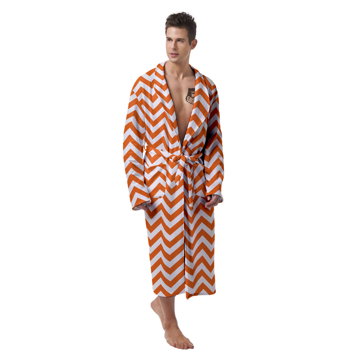 Orange Zigzag Print Pattern Men's Robe-grizzshop