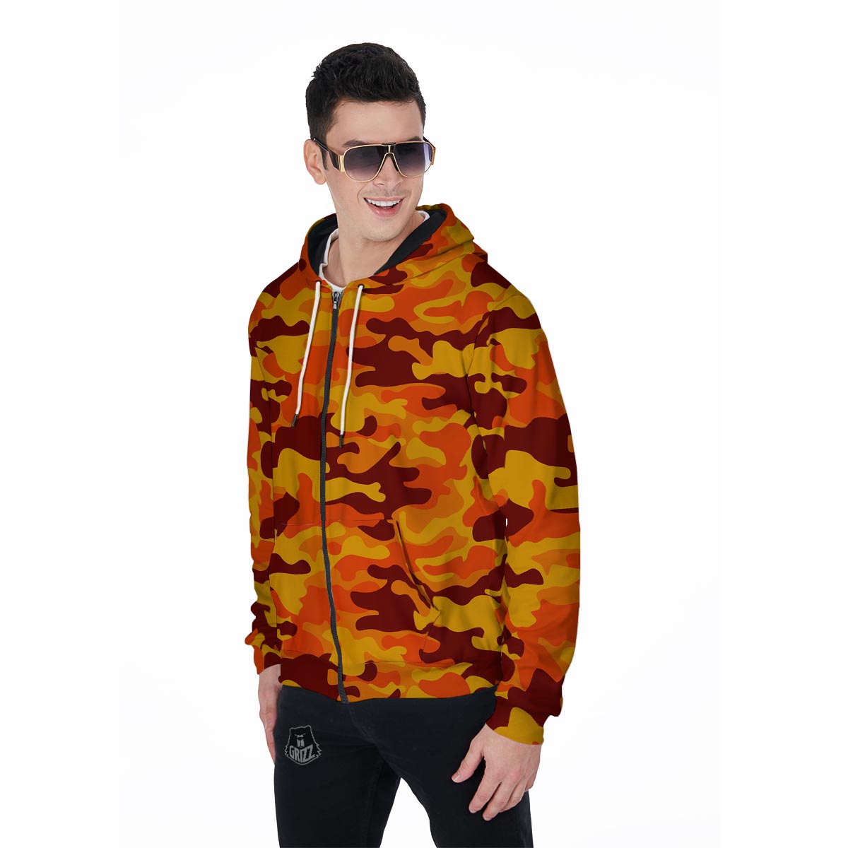 Orange Camo Print Men's Zip Up Hoodie-grizzshop