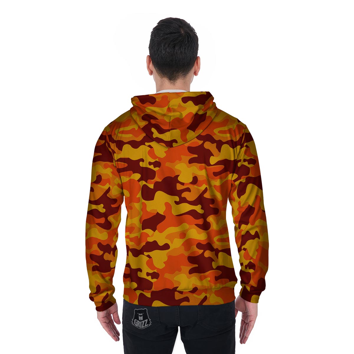 Orange Camo Print Men's Zip Up Hoodie-grizzshop