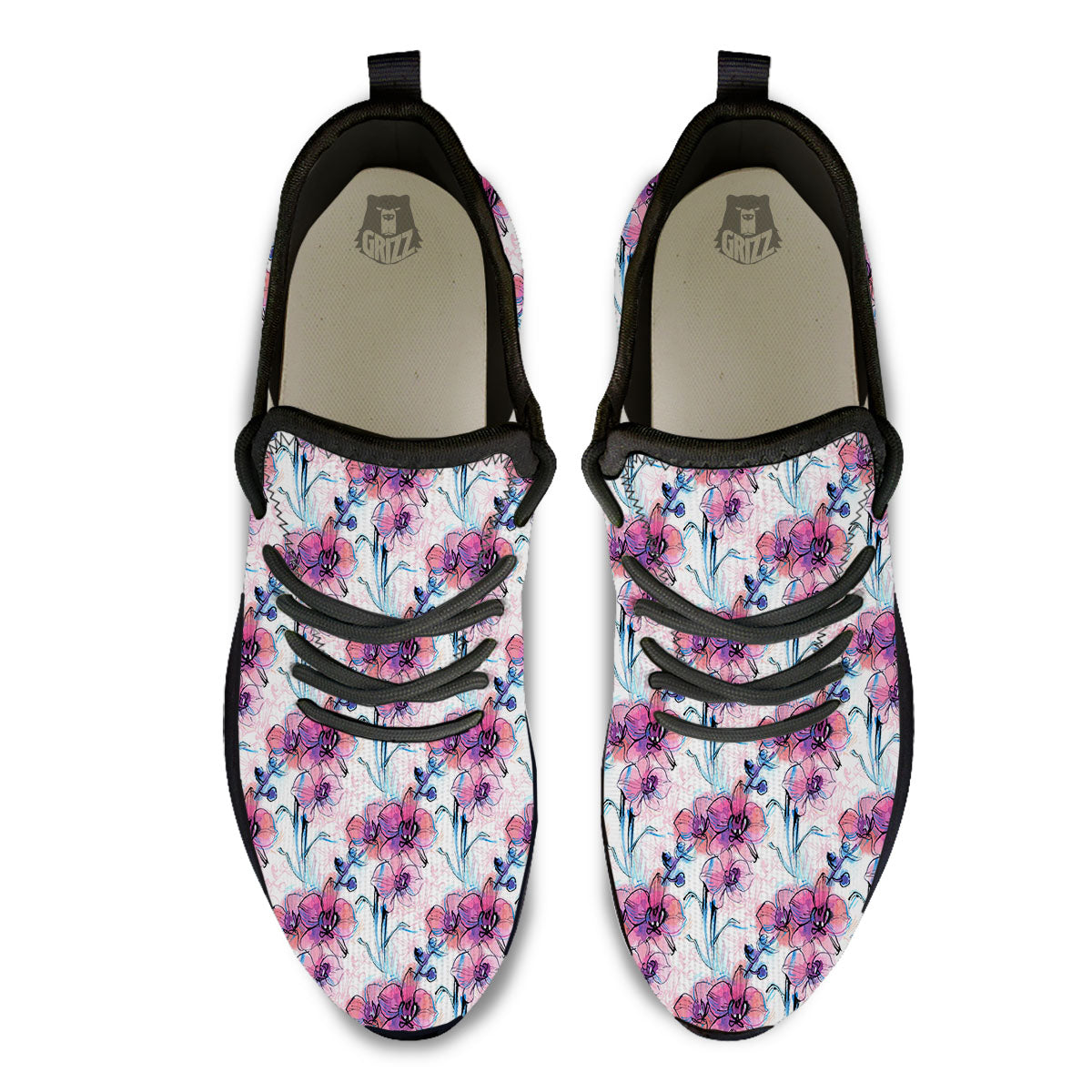 Orchid Drawing Print Pattern Black Athletic Shoes-grizzshop