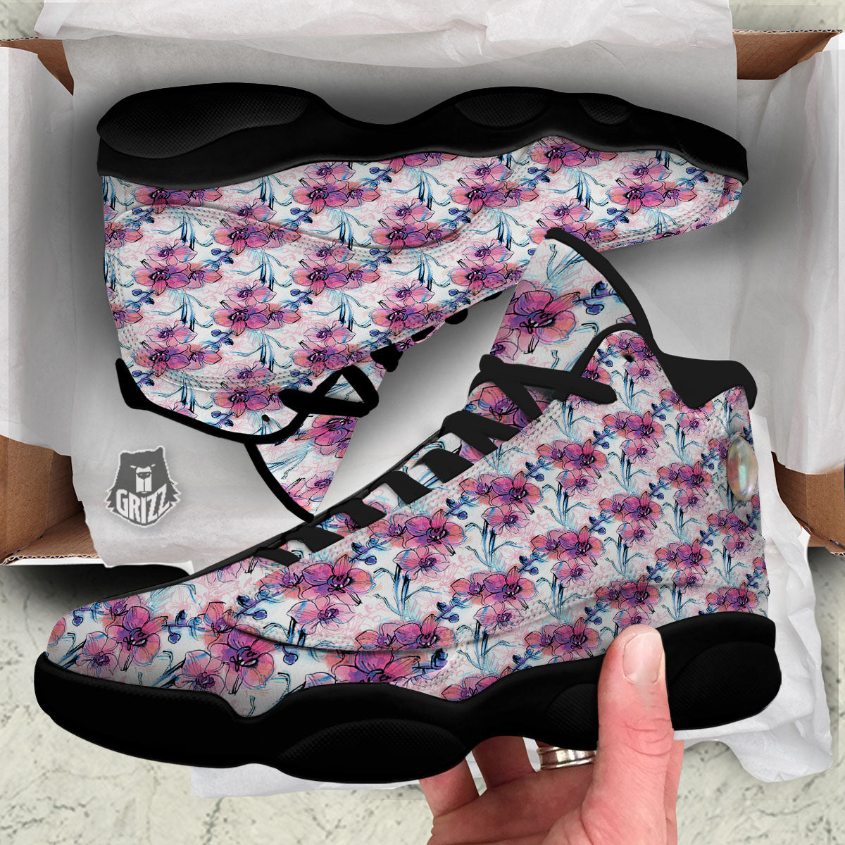 Orchid Drawing Print Pattern Black Basketball Shoes-grizzshop