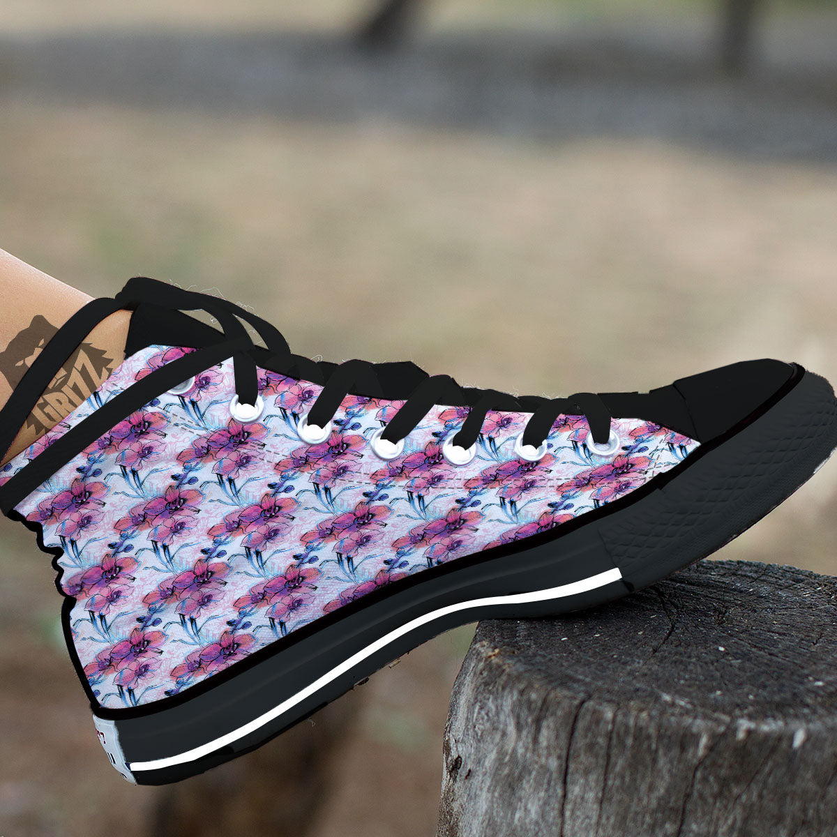 Orchid Drawing Print Pattern Black High Top Shoes-grizzshop