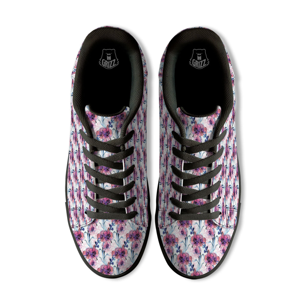 Orchid Drawing Print Pattern Black Low Top Sneakers-grizzshop