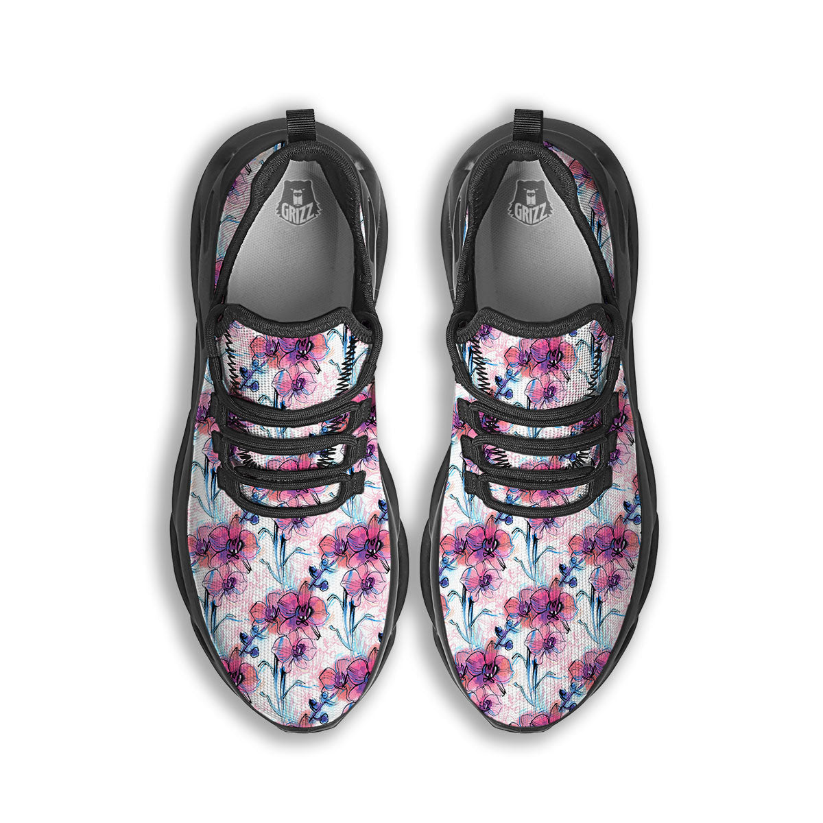 Orchid Drawing Print Pattern Black Running Shoes-grizzshop