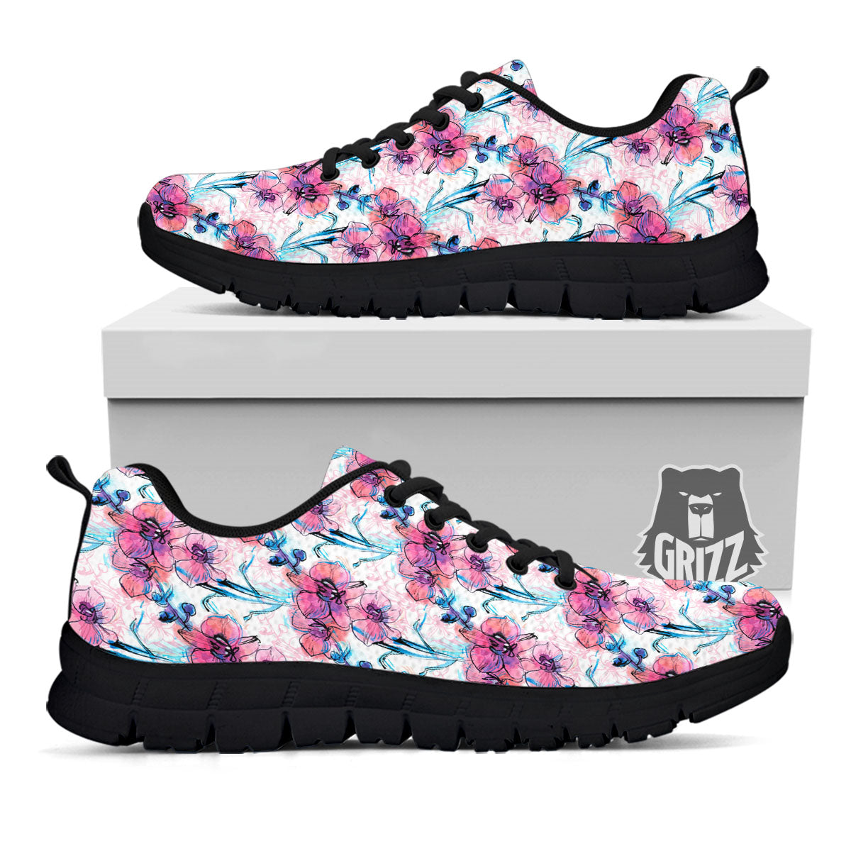 Orchid Drawing Print Pattern Black Sneaker-grizzshop