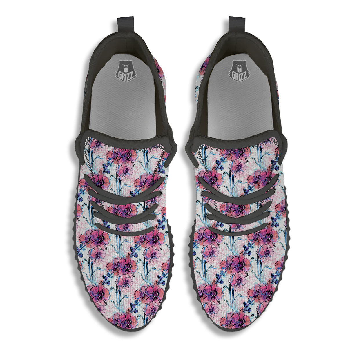Orchid Drawing Print Pattern Black Walking Shoes-grizzshop