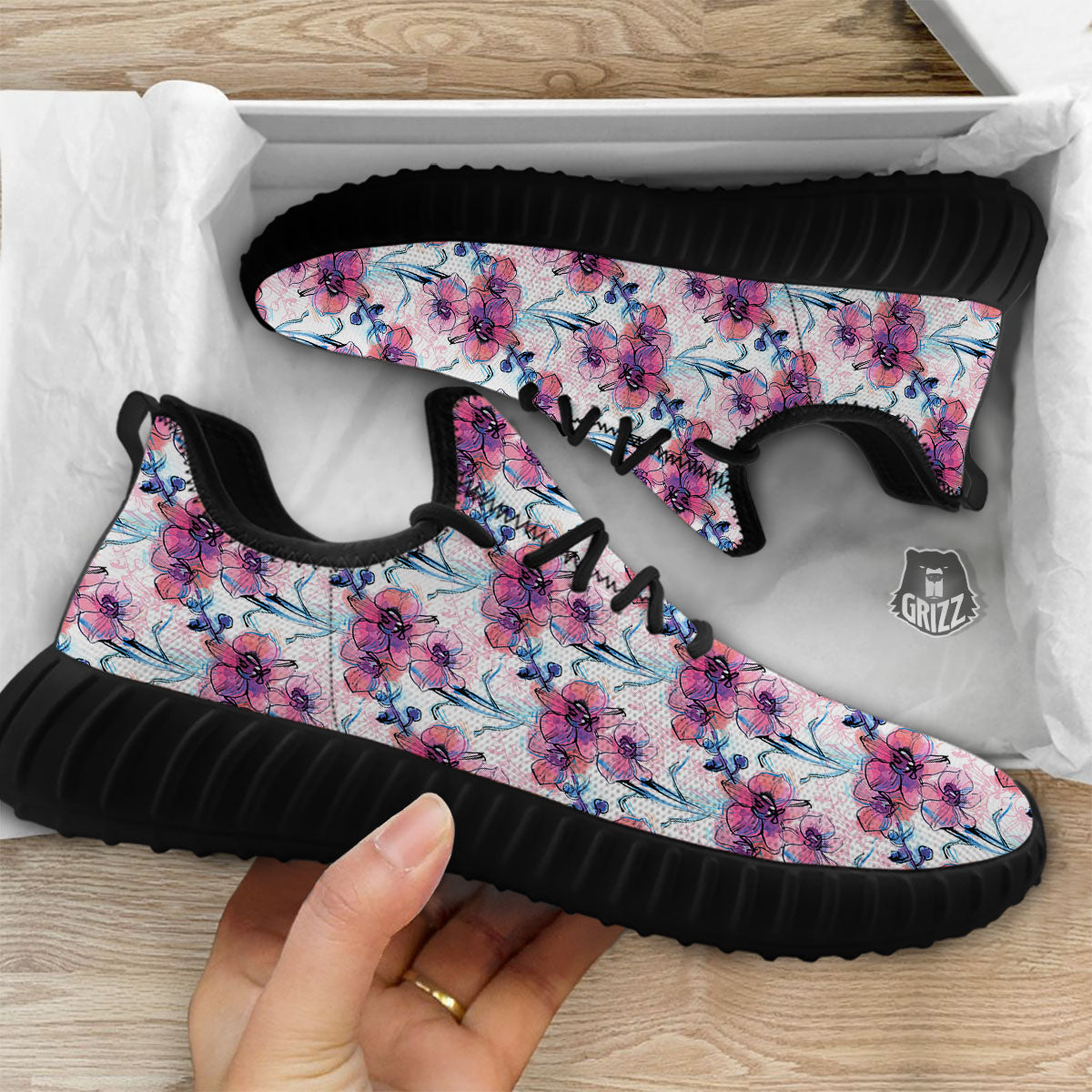 Orchid Drawing Print Pattern Black Walking Shoes-grizzshop