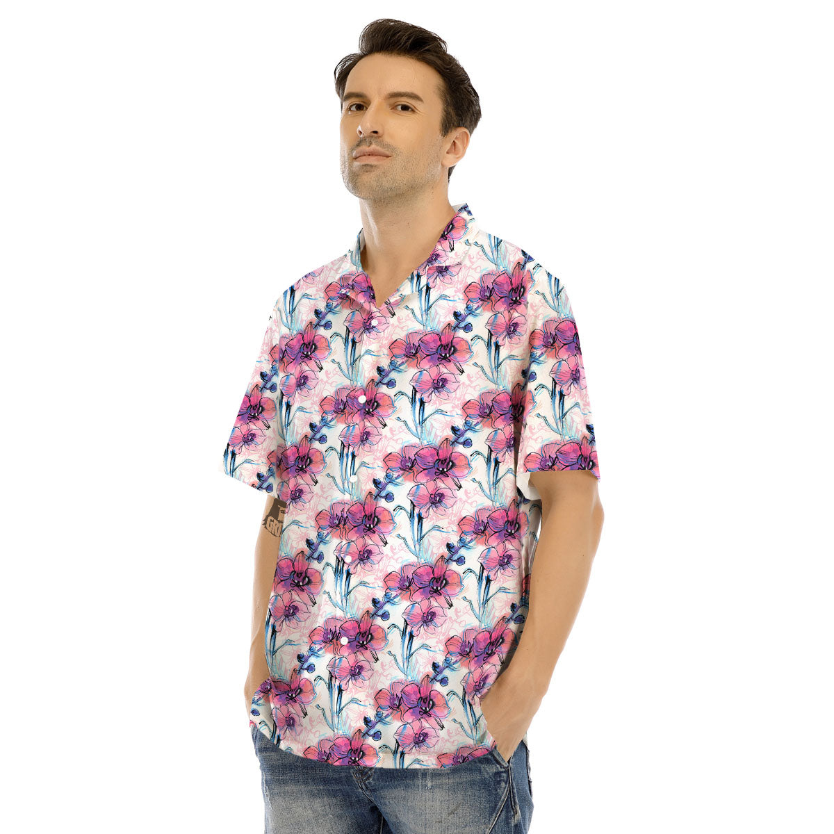 Orchid Drawing Print Pattern Men's Hawaiian Shirt-grizzshop