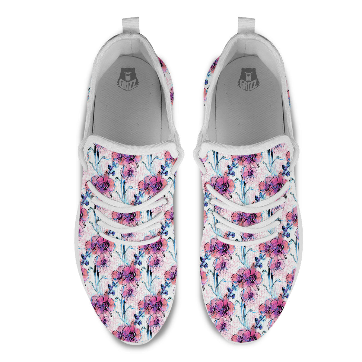 Orchid Drawing Print Pattern White Athletic Shoes-grizzshop