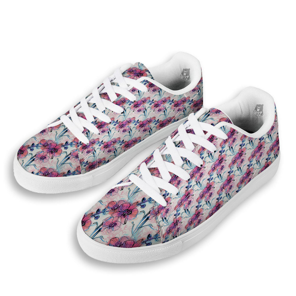 Orchid Drawing Print Pattern White Low Top Sneakers-grizzshop