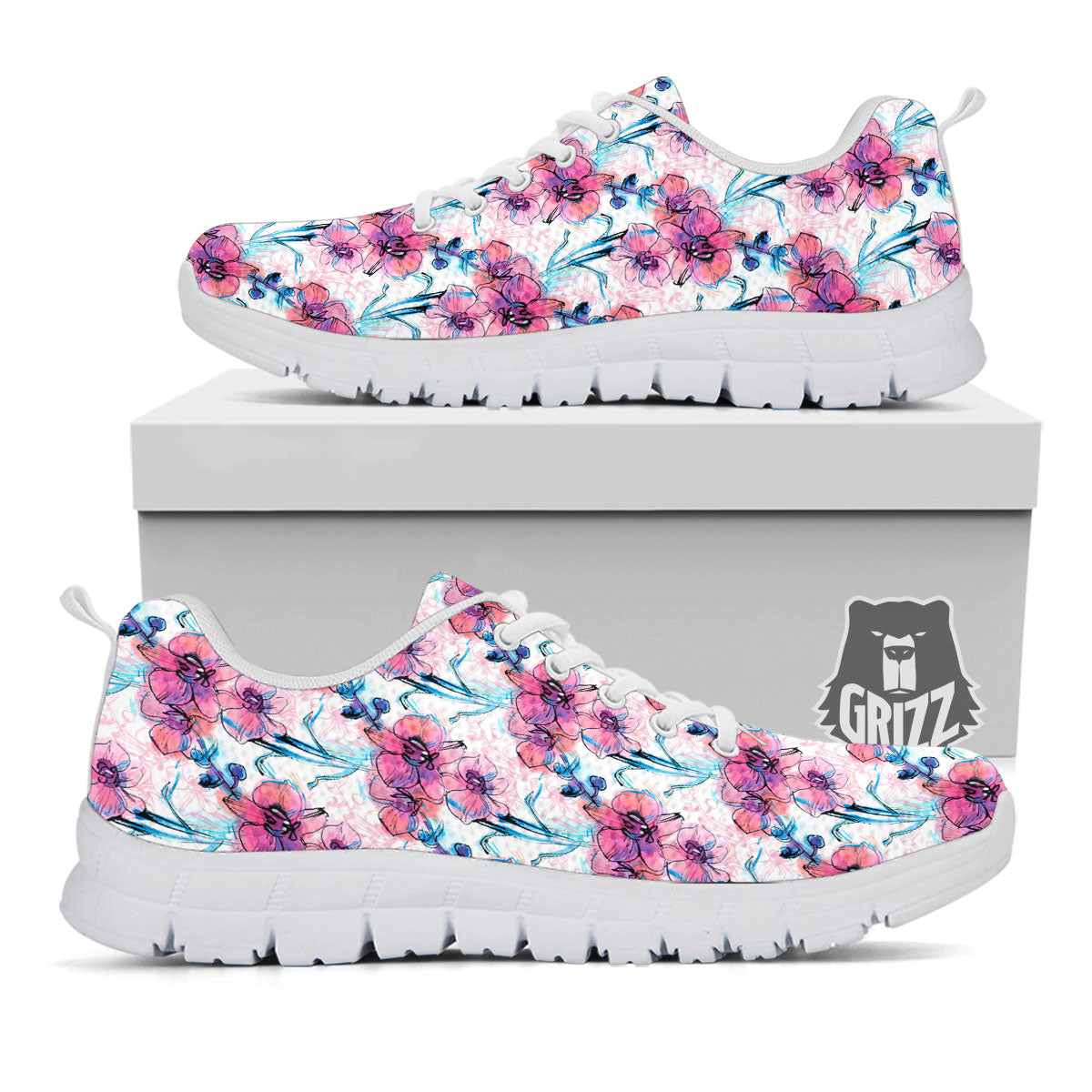 Orchid Drawing Print Pattern White Sneaker-grizzshop