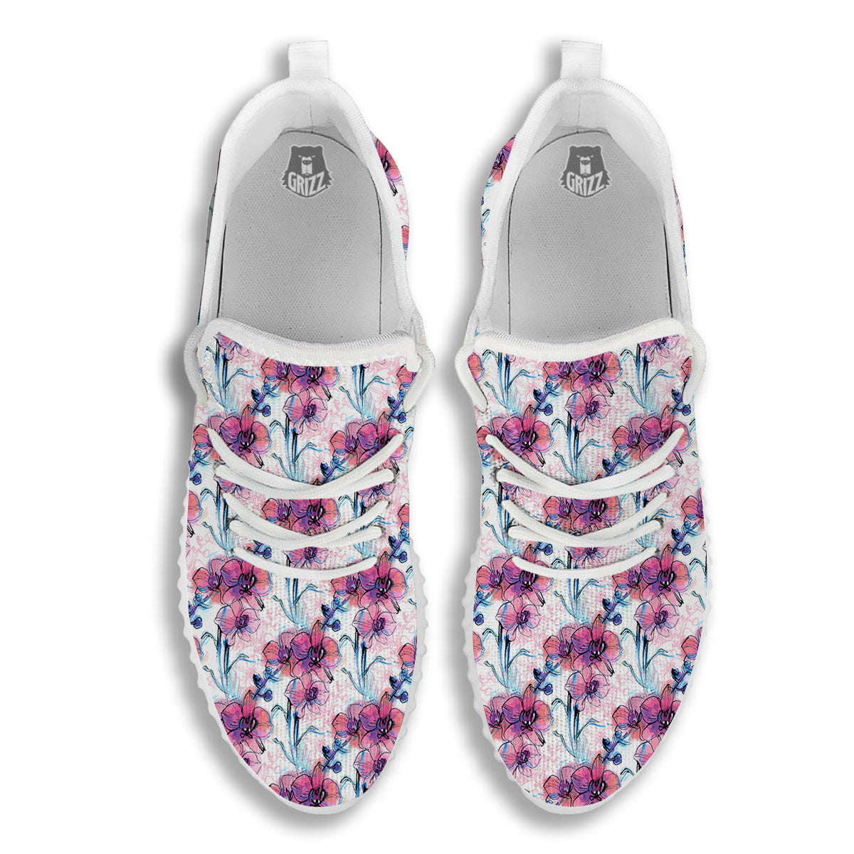 Orchid Drawing Print Pattern White Walking Shoes-grizzshop